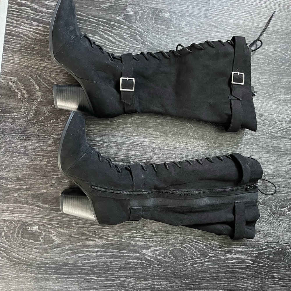 Black Faux Suede Lace- up Knee- high Boots (WW)